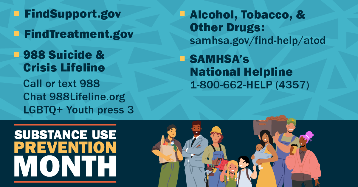 Graphic showing web addresses and phone numbers to get help for substance abuse